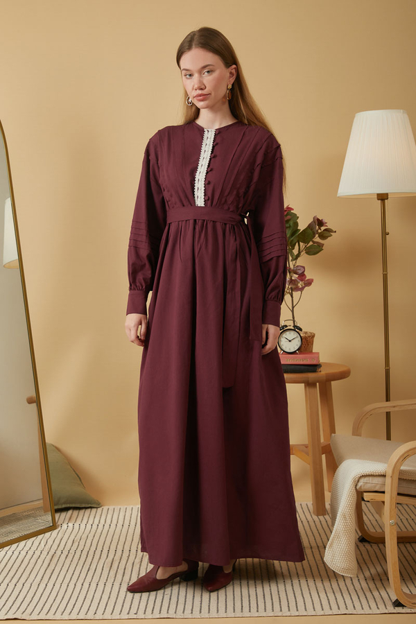 Lace and Pintuck Detailed Dress Burgundy - 5