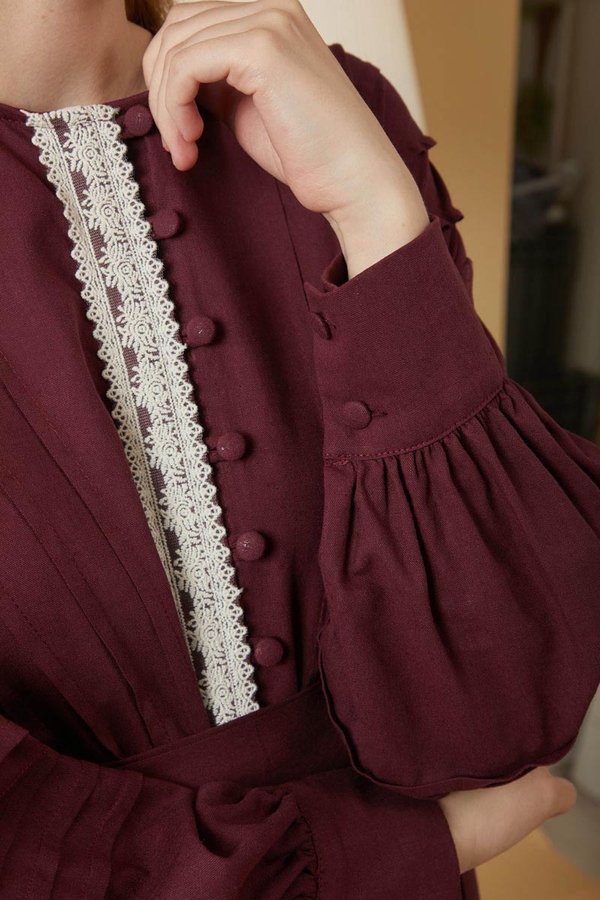 Lace and Pintuck Detailed Dress Burgundy - 9