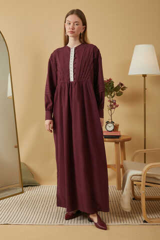 Lace and Pintuck Detailed Dress Burgundy - 2