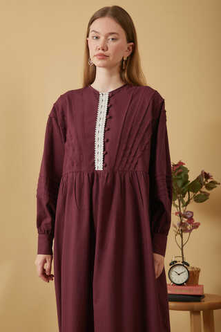 Lace and Pintuck Detailed Dress Burgundy - 3