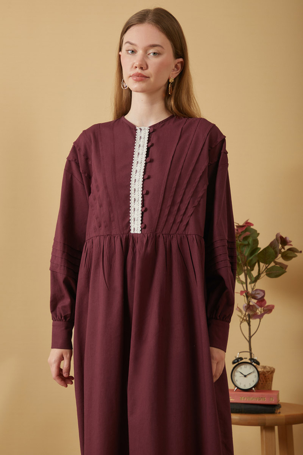 Lace and Pintuck Detailed Dress Burgundy - 3