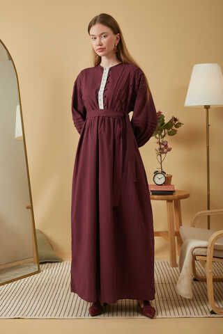 Lace and Pintuck Detailed Dress Burgundy - 6