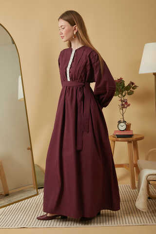 Lace and Pintuck Detailed Dress Burgundy - 7