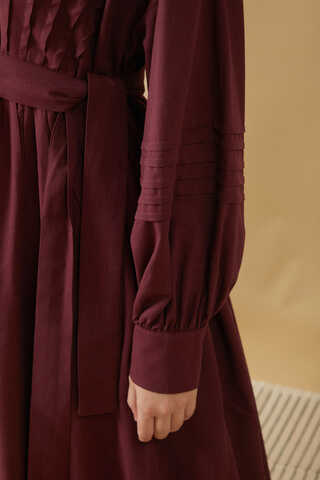 Lace and Pintuck Detailed Dress Burgundy - 8