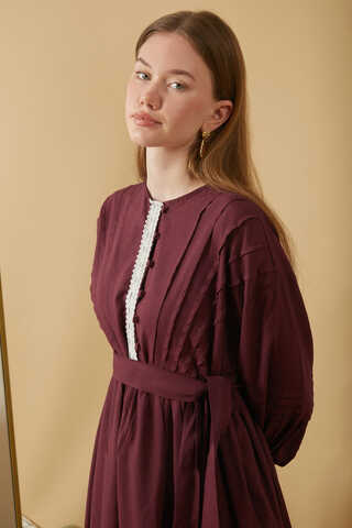 Lace and Pintuck Detailed Dress Burgundy - 11