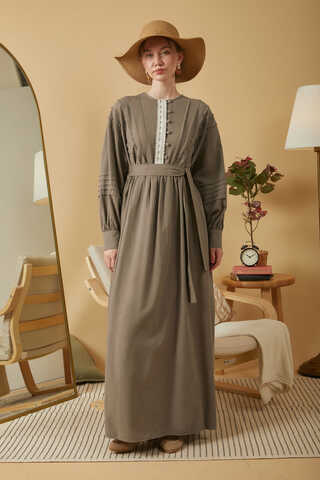 Lace and Pintuck Detailed Dress Earth - 1