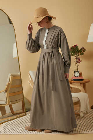 Lace and Pintuck Detailed Dress Earth - 2