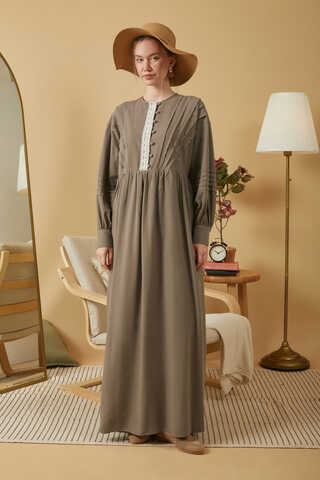 Lace and Pintuck Detailed Dress Earth - 8