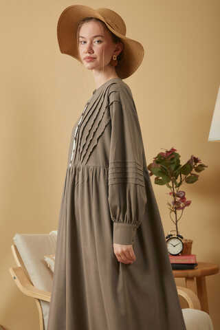 Lace and Pintuck Detailed Dress Earth - 9