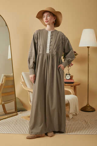 Lace and Pintuck Detailed Dress Earth - 10