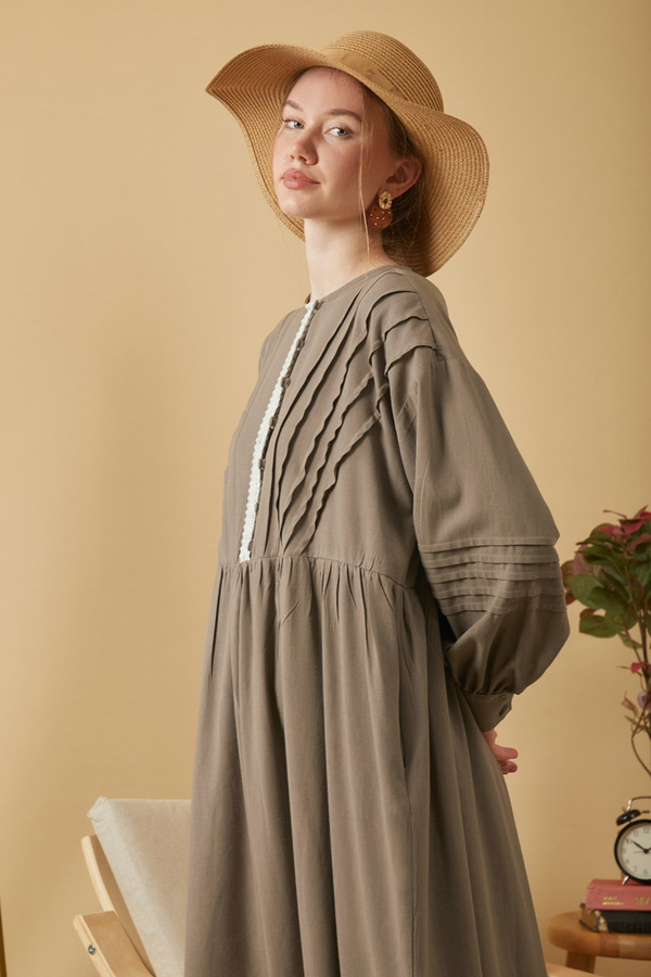 Lace and Pintuck Detailed Dress Earth - 11