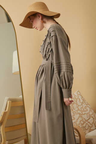 Lace and Pintuck Detailed Dress Earth - 4