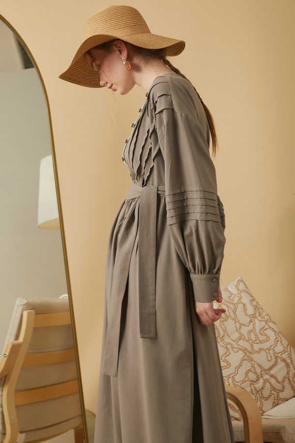 Lace and Pintuck Detailed Dress Earth - 4