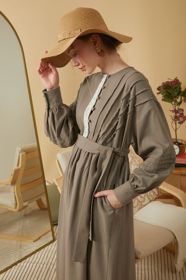 Lace and Pintuck Detailed Dress Earth - 6