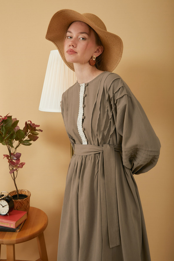 Lace and Pintuck Detailed Dress Earth - 7