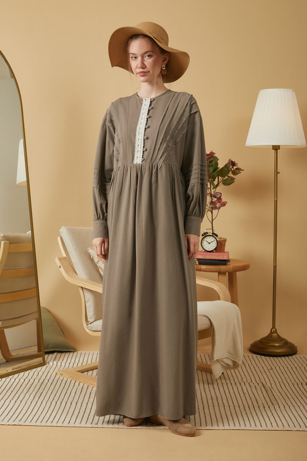 Lace and Pintuck Detailed Dress Earth - 8