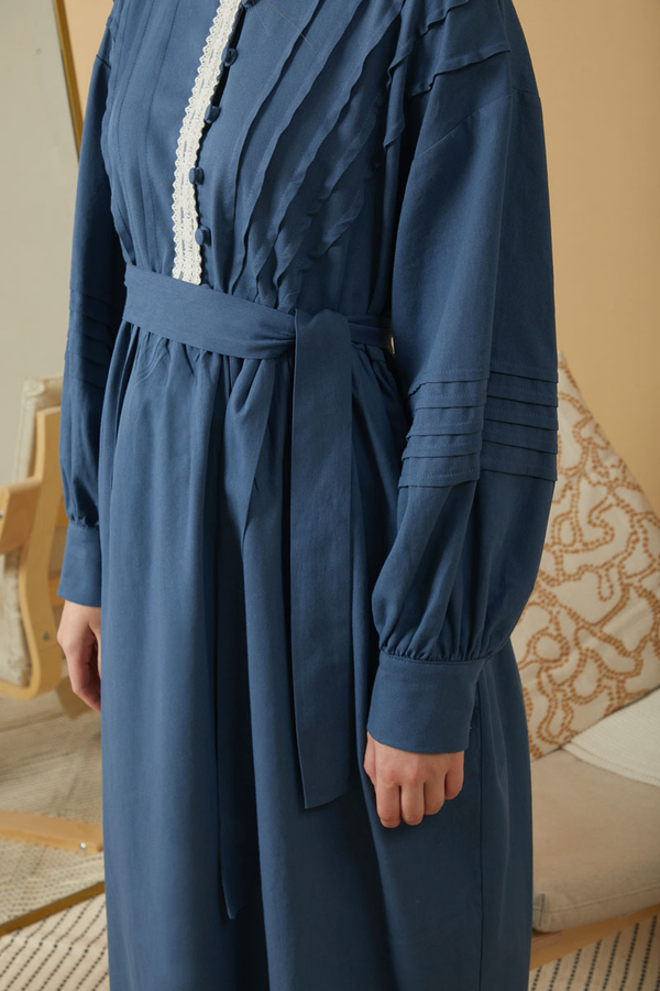 Lace and Pintuck Detailed Dress Indigo - 3
