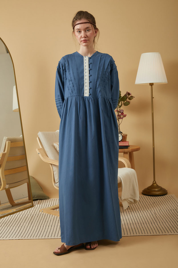 Lace and Pintuck Detailed Dress Indigo - 5