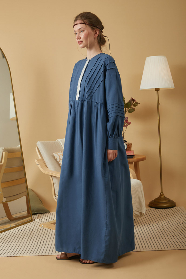Lace and Pintuck Detailed Dress Indigo - 6