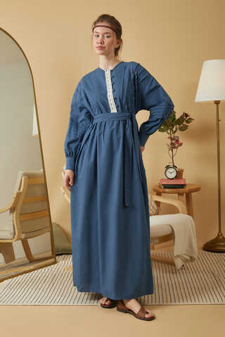 Lace and Pintuck Detailed Dress Indigo - 1