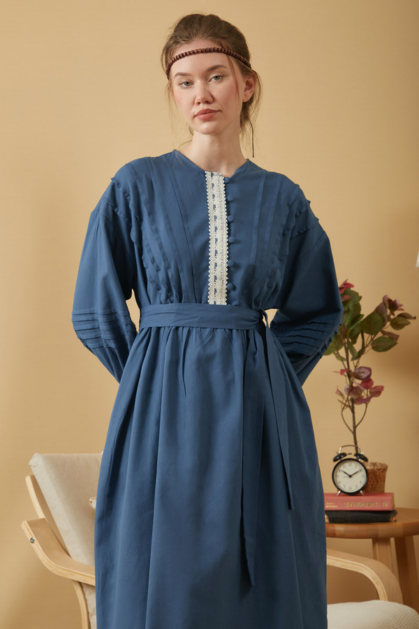 Lace and Pintuck Detailed Dress Indigo - 7