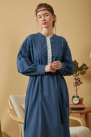 Lace and Pintuck Detailed Dress Indigo - 8