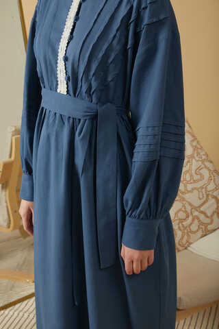 Lace and Pintuck Detailed Dress Indigo - 3