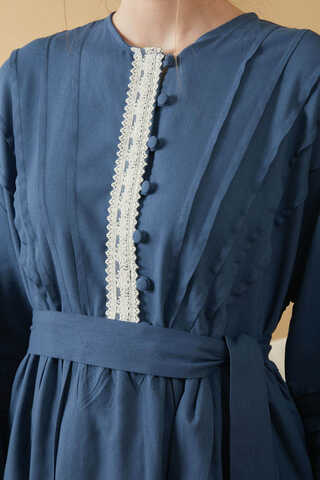 Lace and Pintuck Detailed Dress Indigo - 4