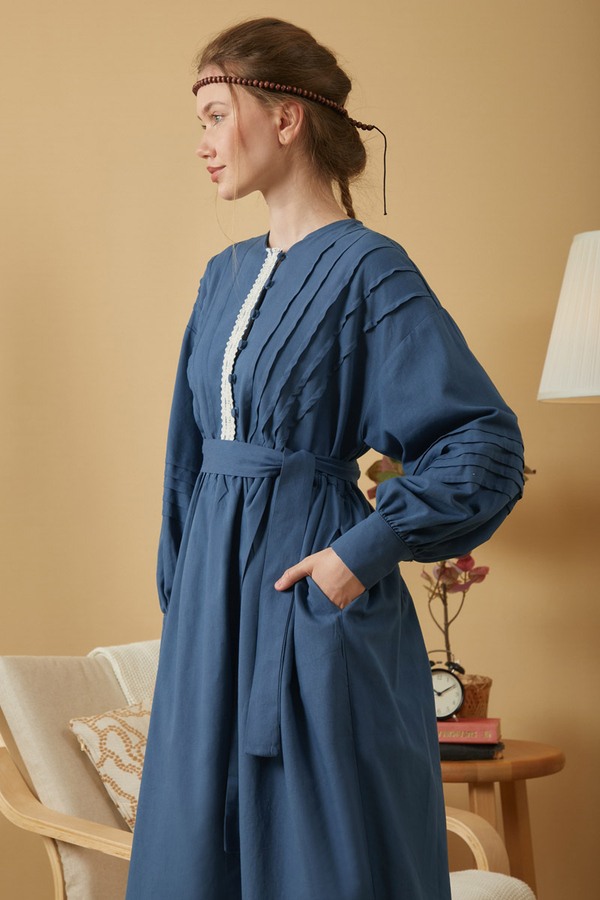 Lace and Pintuck Detailed Dress Indigo - 2