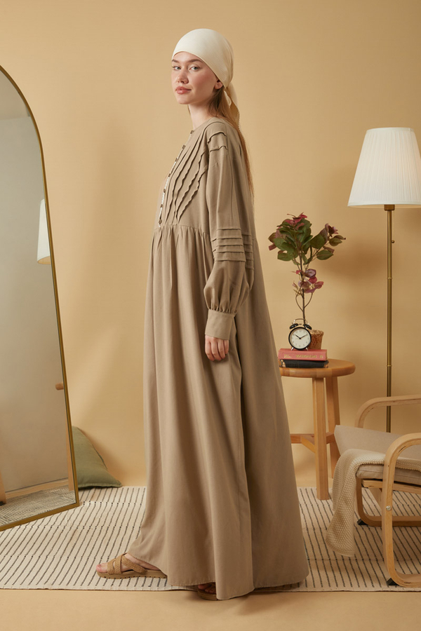 Lace and Pintuck Detailed Dress Taupe - 5