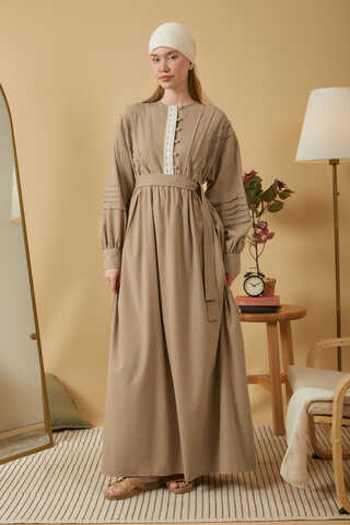 Lace and Pintuck Detailed Dress Taupe - 6