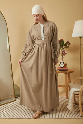 Lace and Pintuck Detailed Dress Taupe - 7