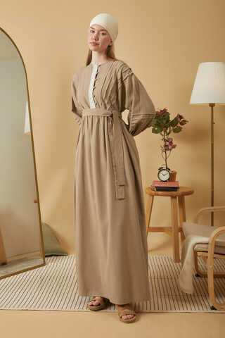 Lace and Pintuck Detailed Dress Taupe - 8