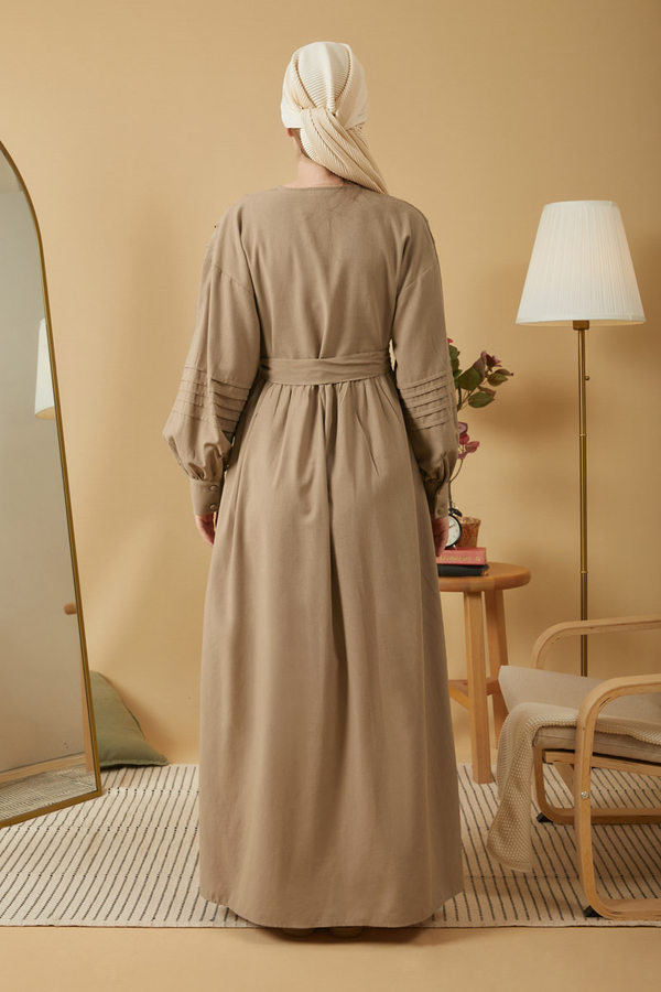 Lace and Pintuck Detailed Dress Taupe - 15