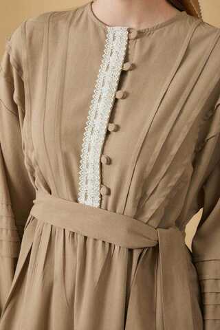 Lace and Pintuck Detailed Dress Taupe - 11