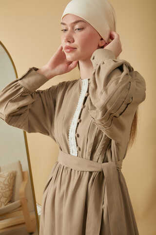 Lace and Pintuck Detailed Dress Taupe - 12