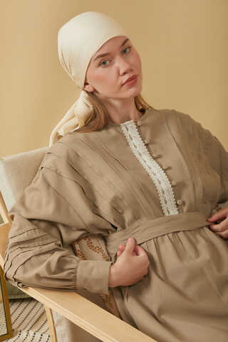 Lace and Pintuck Detailed Dress Taupe - 13