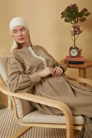 Lace and Pintuck Detailed Dress Taupe - 14