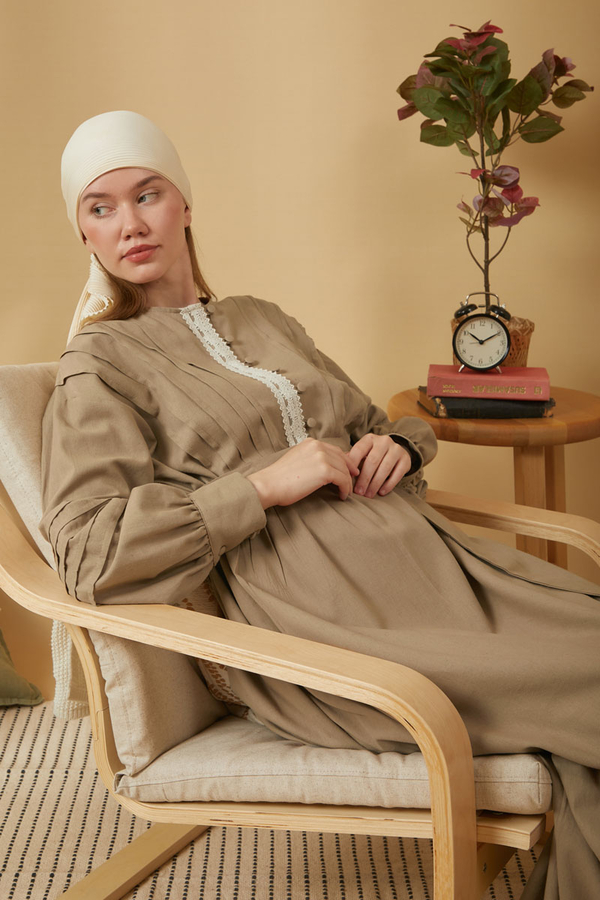 Lace and Pintuck Detailed Dress Taupe - 14