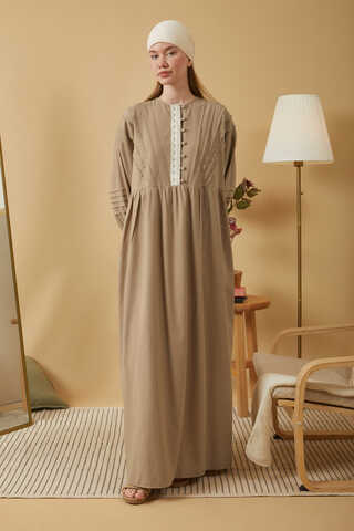 Lace and Pintuck Detailed Dress Taupe - 2