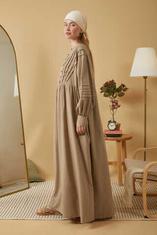 Lace and Pintuck Detailed Dress Taupe - 5