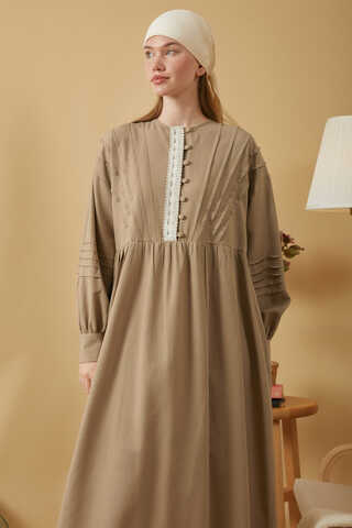 Lace and Pintuck Detailed Dress Taupe - 3