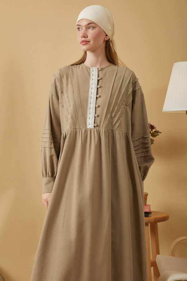 Lace and Pintuck Detailed Dress Taupe - 3