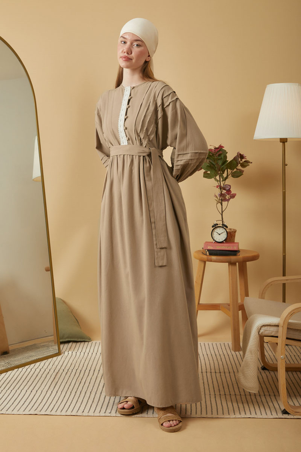 Lace and Pintuck Detailed Dress Taupe - 8