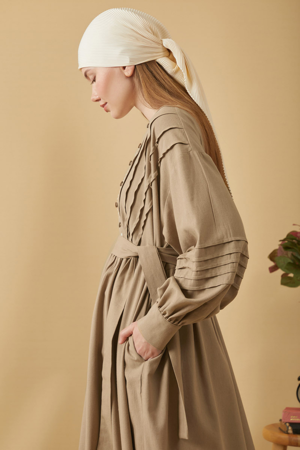 Lace and Pintuck Detailed Dress Taupe - 9