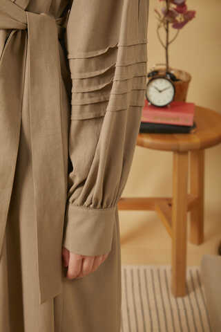 Lace and Pintuck Detailed Dress Taupe - 10