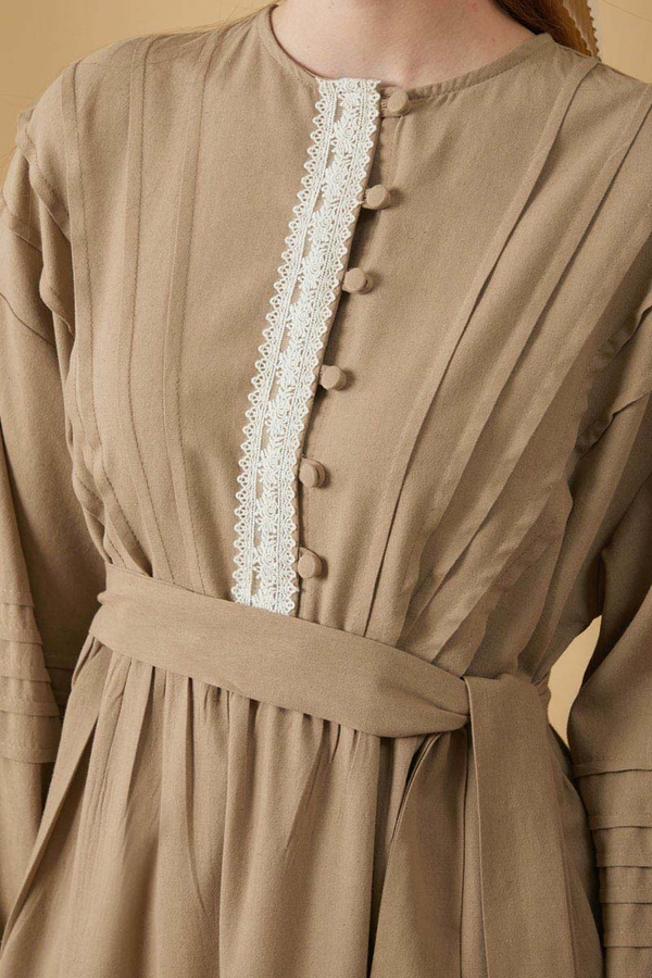 Lace and Pintuck Detailed Dress Taupe - 11