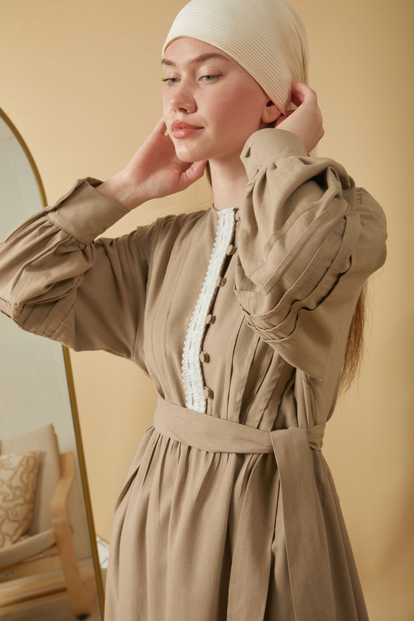 Lace and Pintuck Detailed Dress Taupe - 12