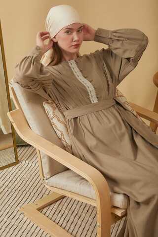 Lace and Pintuck Detailed Dress Taupe - 1