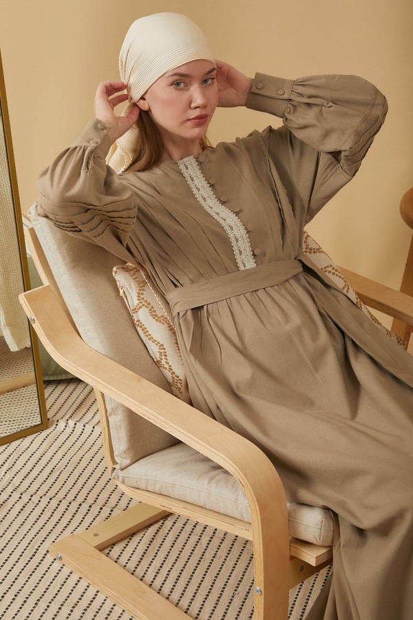 Lace and Pintuck Detailed Dress Taupe - 1
